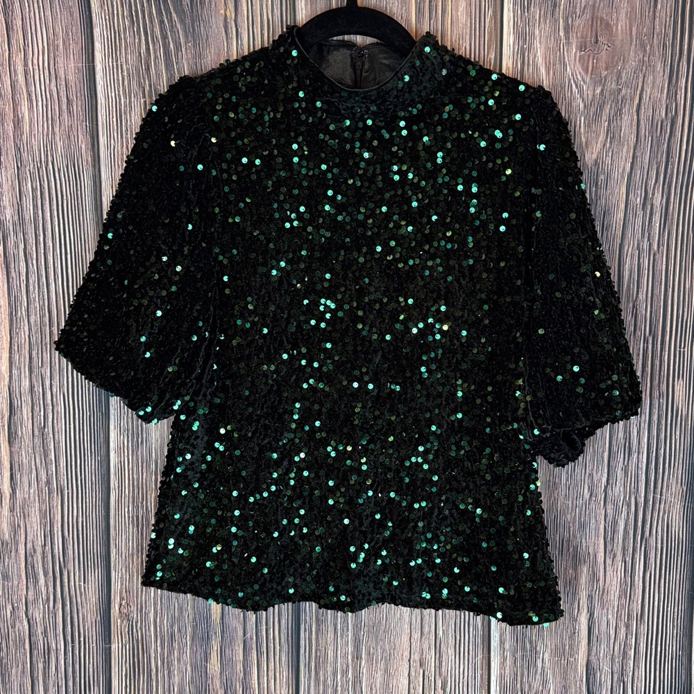 Nanette Lepore Black and Green Sequin Blouse